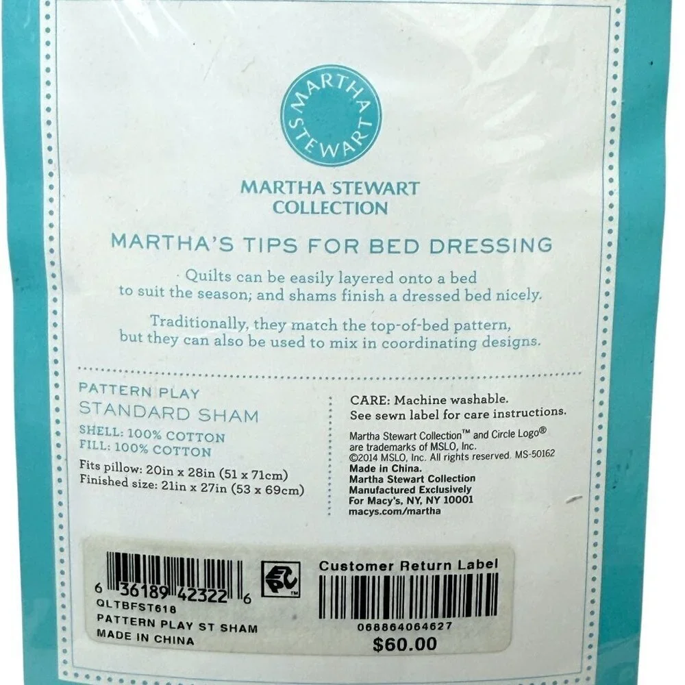 Martha Stewart Quilted Pillowcase One Standard Sham Pink White Print 100% Cotton